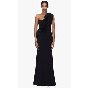 Betsy & Adam Black One-Shoulder 3D Floral Gown - Size 14